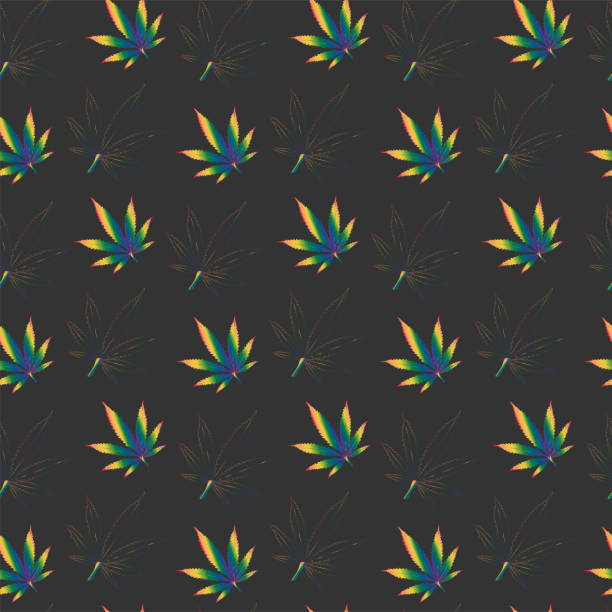 ilustrações, clipart, desenhos animados e ícones de padrão perfeito de folhas de cânhamo e contornos de folhas de cânhamo pintados em cores de arco-íris em um fundo cinza escuro. símbolos lgbt - gay pride spectrum backgrounds textile