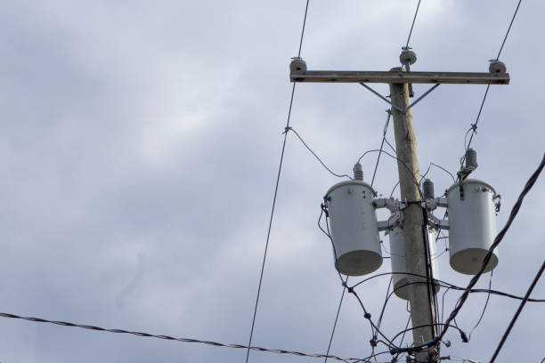 istock wood antenna pole with electical power supply space, coaxial cable, telephone cable, power lines 1223481501