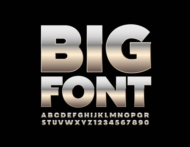 illustrazioni stock, clip art, cartoni animati e icone di tendenza di vector silver big font. alfabeto moderno metallico - chrome insignia sign gear