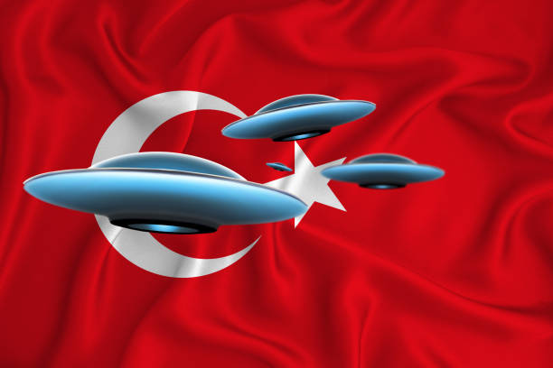 Waving Flag Of Turkey Ufo Group On The Background Of The Flag Ufo News Concept In The Country 3d Rendering Stock Photo - Download Image Now - iStock