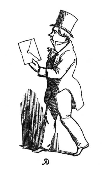 British satire comic cartoon caricatures illustrations - man in a top hat walking with a large envelope From Punch's Almanack punch puppet stock illustrations