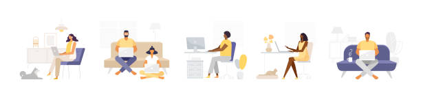 Set of business characters Set of male and female business characters. Freelance people work and study in comfortable conditions. Man and woman self-employed concept.  Vector illustrations in flat design, white isolated working at home illustrations stock illustrations