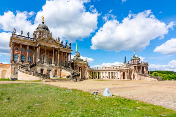 Parliament of Brandenburg (Landtag Brandenburg), view on Fortuna Gate and St. Nicholas Church in the background. Potsdam, Germany