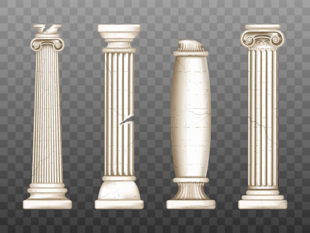 Baroque pillars, roman renaissance cracked columns Baroque pillars, roman renaissance columns with cracks. Ancient classic ivory marble, stone greece classic architecture, antique interior colonnade facade design, Realistic 3d vector obelisks set colonnade stock illustrations