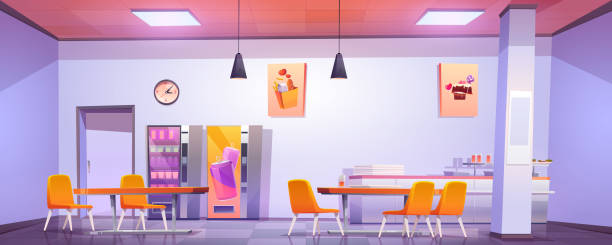 Canteen interior in school, college or office Canteen interior in school, college or office. Vector cartoon illustration of cafeteria, dining room in university, cafe with tables and chairs, counter bar and vending machines with food and drink cafe bar counter stock illustrations