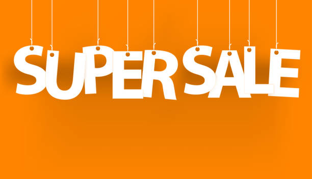istock White words SUPER SALE - word hanging on the ropes on orange background.  3d vector illustration. 1223490079