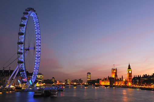 A river taxi on the River Thames in London, UK, seen looking towards the London Eye as seen from Westminster Bridge.