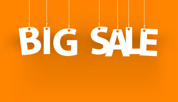 istock White words BIG SALE - word hanging on the ropes on orange background.  3d vector illustration. 1223490294