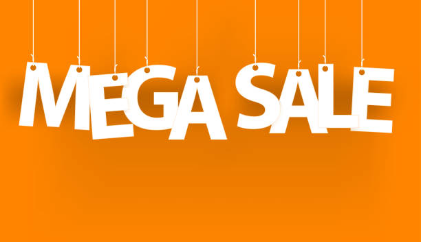 istock White words MEGA SALE - word hanging on the ropes on orange background.  3d vector illustration. 1223490487