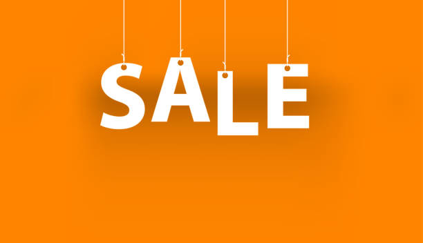 istock White word SALE - word hanging on the ropes on orange background. 3d vector illustration. 1223490504