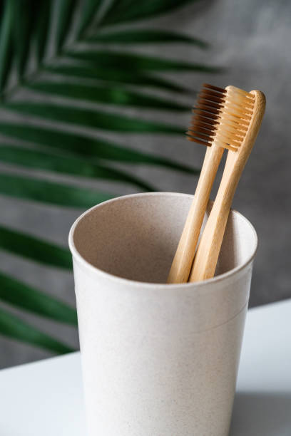 istock Natural organic bamboo toothbrushes in holder. Zero waste, plastic free, eco friendly equipment for oral personal hygiene. 1223491261