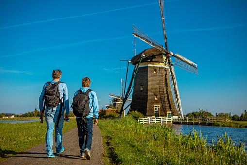 Hikers in Holland walking at a typical dutch countryside windmill landscape on a beautiful sunny, blue sky day