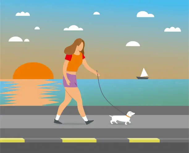 Vector illustration of Woman walking the dog