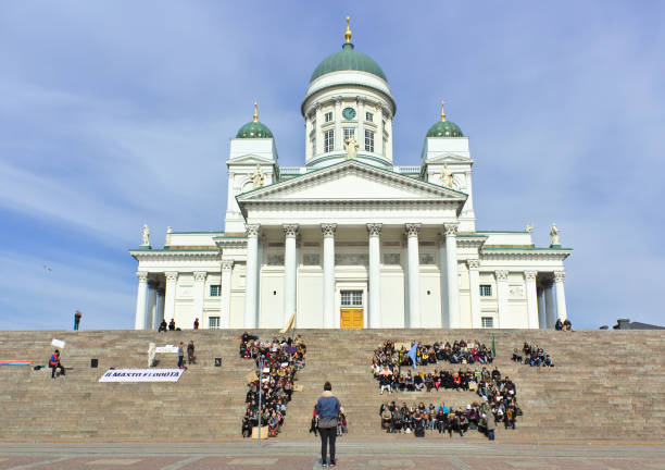White Helsinki Cathedral in Summer under blue skyscape. Hasselblad X2D 100 MPixel Shot of the iconic Helsinki Cathedral with historic 19th century Evangelical Lutheran Cathedral. Old Town Helsinki in Summer, Kruununhaka, Finland, Nordic Countries, Northern Europe