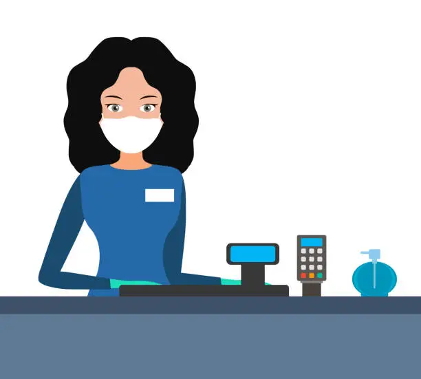 Vector illustration of Female cashier in medical mask and gloves. vector illustration.