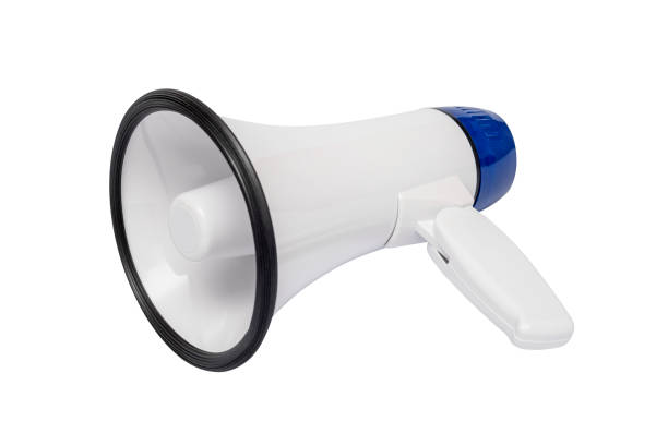 istock Electronic megaphone on white background. Loud-speaking device. Blue white megaphone. 1223501251