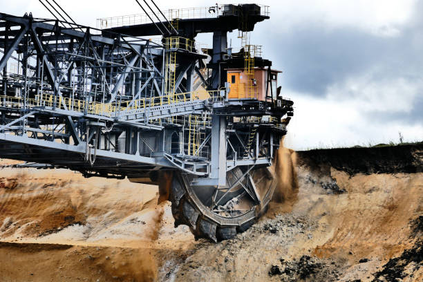 Closeup of a bucketwheel reclaimer at oilsands mines of Fort McMurray, Alberta, Canada.
