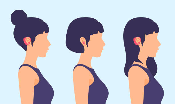 Girls with hearing aids on their ears. Side view, a person's profile. A vector cartoon illustration. profile view illustrations stock illustrations