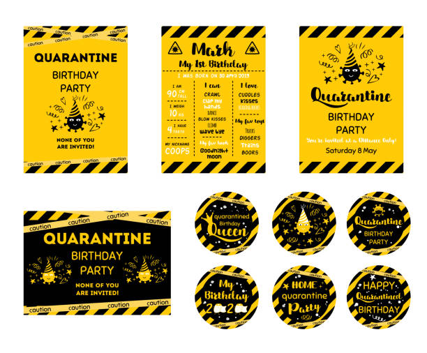 Quarantine Birthday set Home party invitation Yellow black Birthday cards upcake toppers Birth online party banner Vector Quarantine Birthday set Home party invitation. Yellow black Birthday cards. Funny wishes for coronavirus. Cupcake toppers. Birth online party. Birth template. Virtual party. Funny vector illustration. virtual birthday celebration stock illustrations