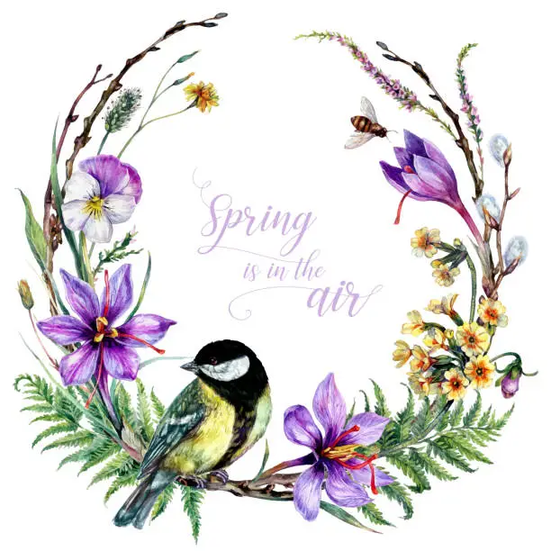 Vector illustration of Watercolor Blooming Wreath with Titmouse