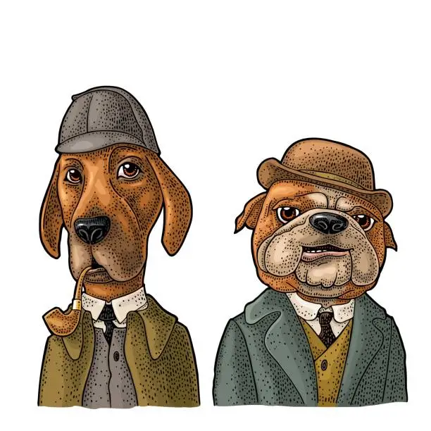 Vector illustration of Two dogs in Sherlock Holmes and Dr. Watson appearance. Vector engraving