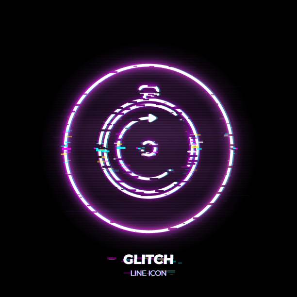 istock Stop clock line art vector icon. Outline symbol of time chronometer. Stopwatch pictogram made of thin stroke. Glitched 80s cyber punk style. 1223505087