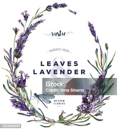 istock Watercolor Lavender and Dragonfly Floral Wreath 1223505691