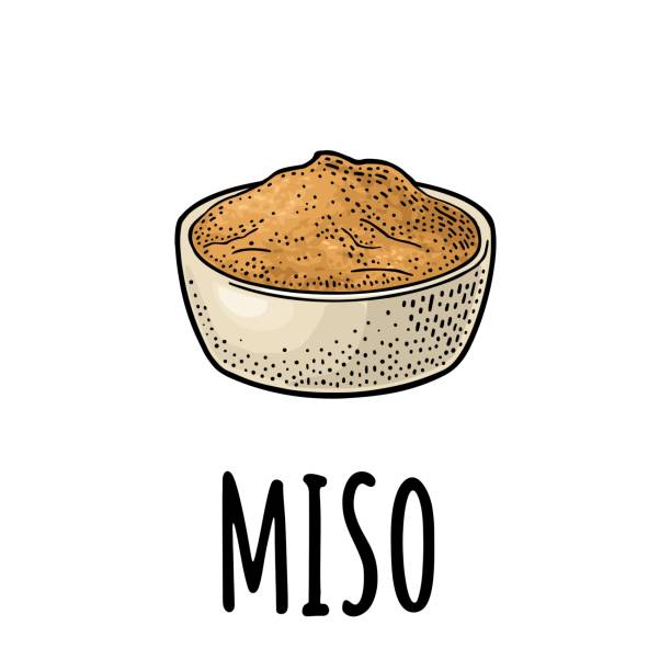 Miso. Vector black vintage engraving illustration isolated on white background Miso. Vector color vintage engraving illustration and handwriting lettering for menu, poster, label. Isolated on white background miso sauce stock illustrations