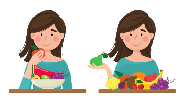 девушка с фруктами, витаминами, здоровым питанием. вектор изолирует в мультяшном плоском стиле. - plum eating women fruit stock illustrations