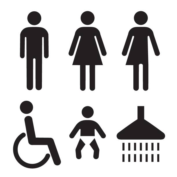 illustrazioni stock, clip art, cartoni animati e icone di tendenza di icone del bagno - disabled accessible boarding sign