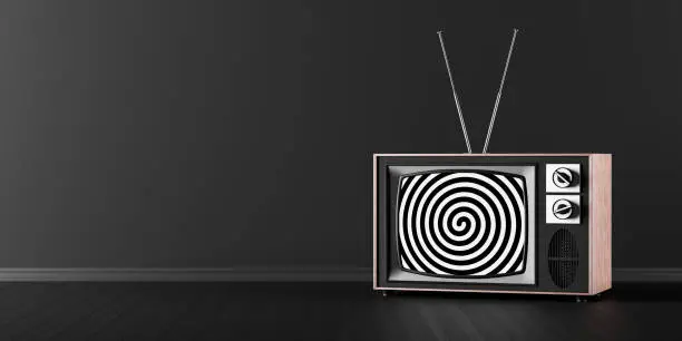 Classic retro television on the floor of black room with spiral illusion. Brainwashing concept 3d Render 3d illustration