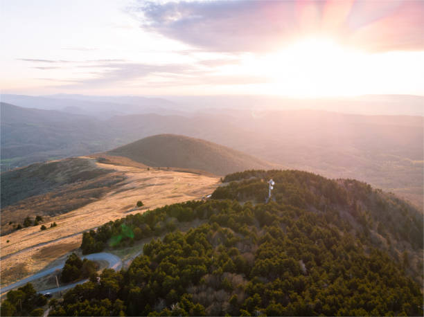 Aerial View of Whitetop Mountain, Virginia at Golden Hour stock photo
