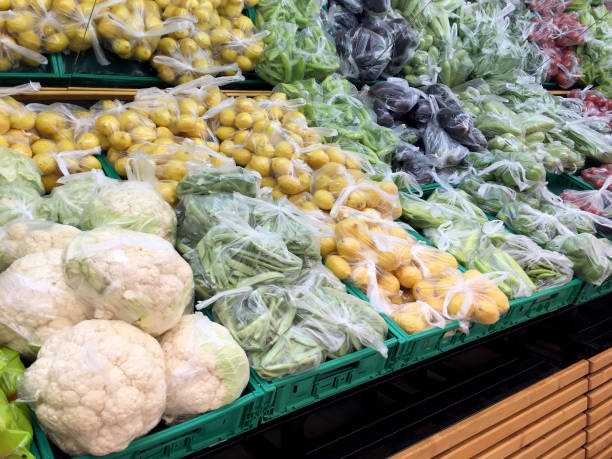 Packaged vegetables on the supermarket shelves