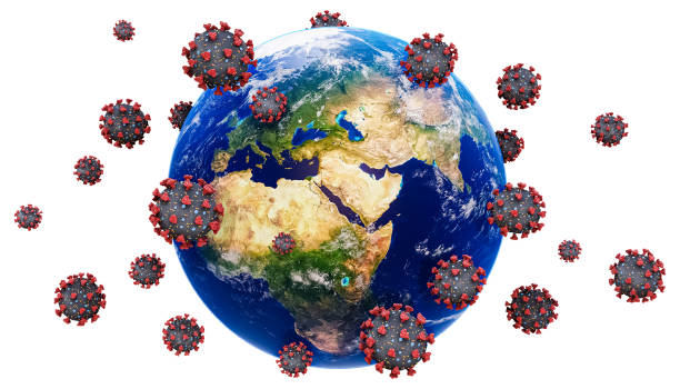 istock Planet Earth and coronavirus or covid virus cells isolated on white background 3D rendering illustration. Global pandemic or epidemic and communicable disease concept. Map texture provided by NASA. 1223513714