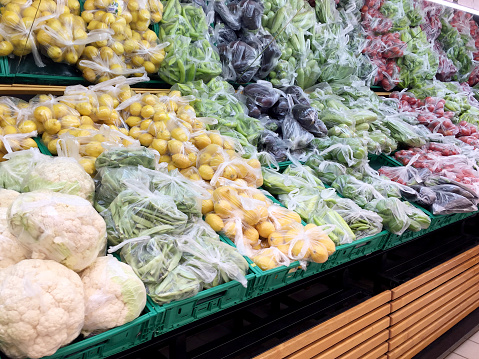 Packaged vegetables on the supermarket shelves