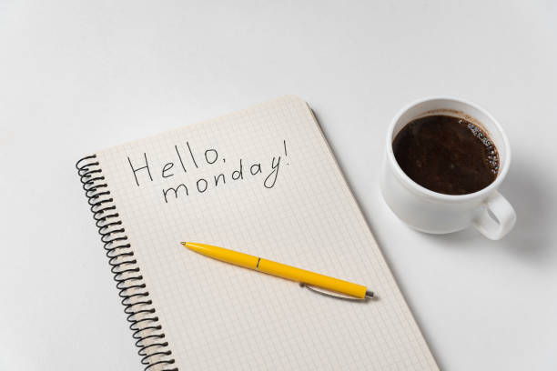 istock Hello monday motivation notice. Notepad, pen and cup of coffee on white background. 1223517436