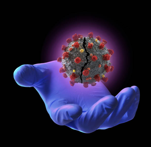 istock cracked coronavirus molecule structure floating  on surgery doctor glove hand. Biotechnology concept 1223518577