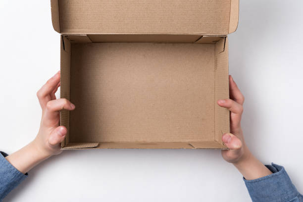 istock Children's hands holding an open cardboard box. Empty box, white background. 1223519360