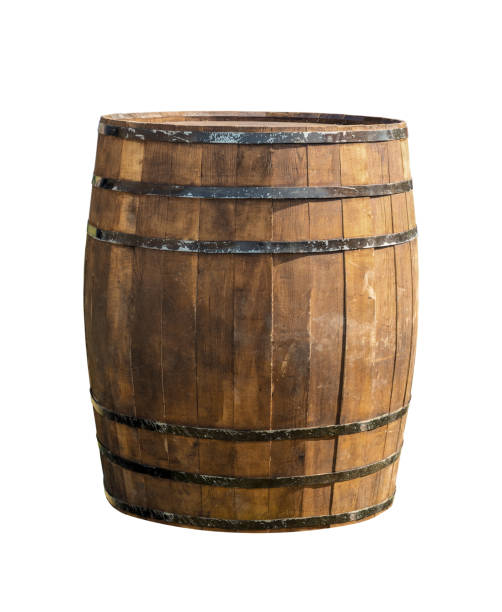 istock vertical brown oak barrel with iron black rings hoops 1223520029
