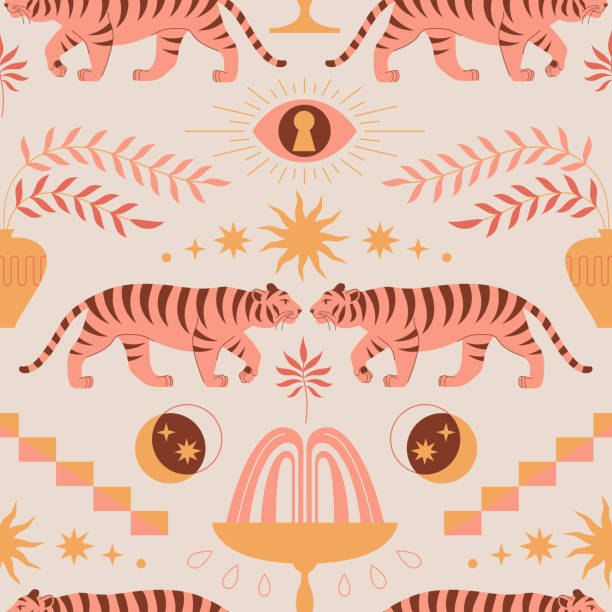 Seamless pattern with chinese tigers in boho asian style. Beautiful animal print design. For fabric, wall art, interior, packaging. Sun, crescent moon, star, floral branch, eye. Magic mystery concept. Vector illustration tiger illustrations stock illustrations