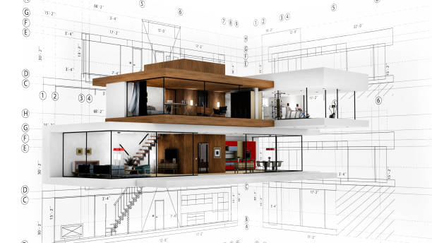 representación del diseño de una casa contemporánea - architecture plan fotografías e imágenes de stock