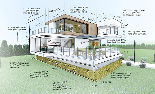 Sketch of a beautiful modern house in the countryside with side notes - architecture concepts
