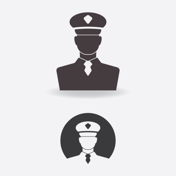 Icon of an authority in a uniform and an officer cap. Silhouette of security control, law enforcement or a guard. Customs control, military id checkpoint. Icon of an authority person silhouette in a uniform and an officer cap. Security control, law enforcement or a guard. Customs control, military id checkpoint. immigrants crossing sign stock illustrations
