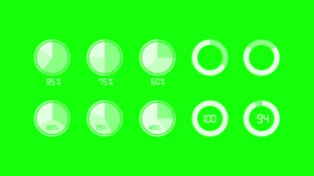Animation black loading bar, 0-100 percent. Loading Page Buttons Icons on a Green Screen, Animated infographic objects, Business Infographics Elements, Chroma key. Loopable.