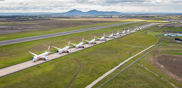 Aerial photograph of grounded  parked aircraft, due to Covid-19  at Avalon Airport, melbourne Australia.
