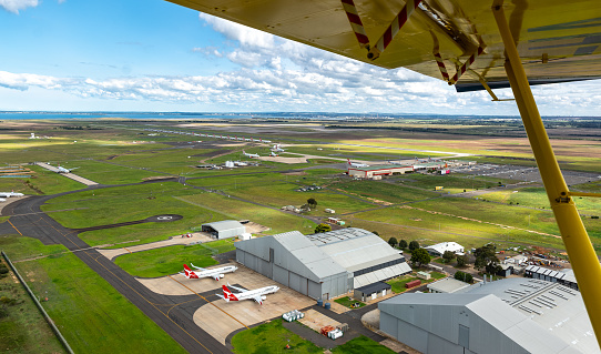 Aerial photograph of grounded aircraft due to Covid-19, at Avalon airport, Melbourne Australia.