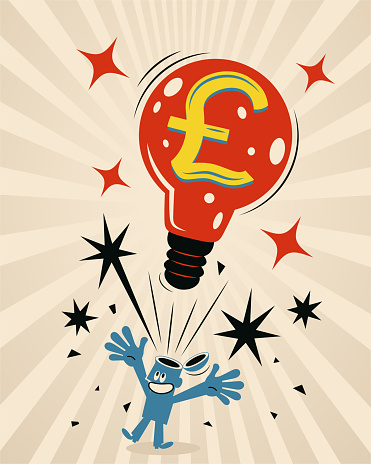 Blue Characters Vector Art Illustration.
Super great idea light bulb that has the Pound sign (british currency) comes out of a blue man’s open head. Concept about monetizing your Knowledge (to turn knowledge into money).