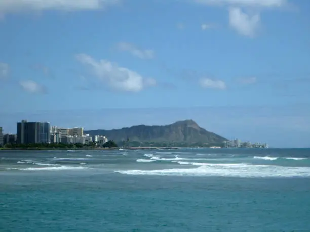 Ala Moana surf and Diamondhead during the day with hotels and Condos along the shore on Oahu, Hawaii.