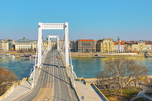 Budapest Hungary March 2018. metal bridge Erzsebet the first hanging Budapest connect the two shores of the view to the city center part of the panoramic view