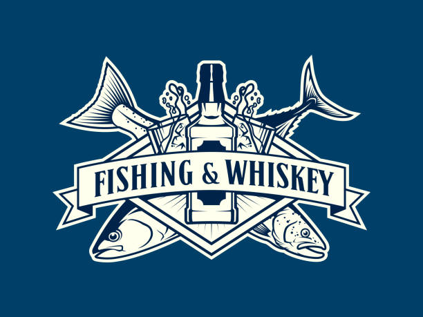 ilustraciones, imágenes clip art, dibujos animados e iconos de stock de emblema de pesca y whisky con pescado, botella de whisky y vasos - drink on top of ice food
